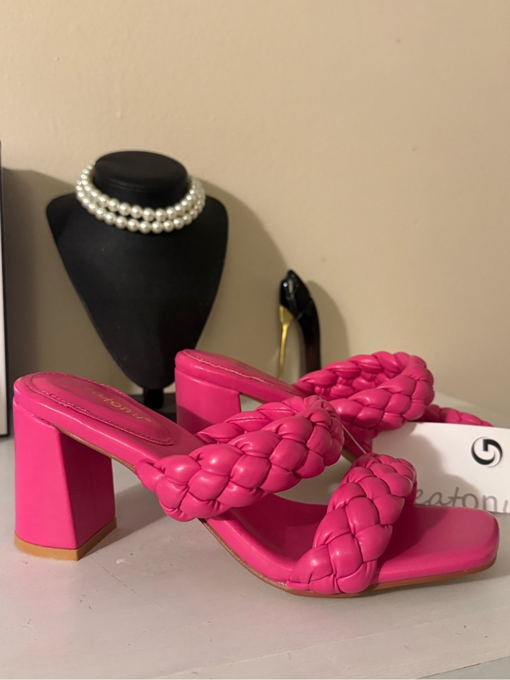 Braided Strap Block Heel Sandals - Hot Pink